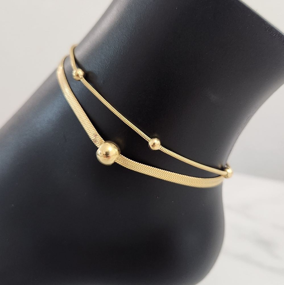 Gold Plated Double Layer Anklet Herringbone Blade Snake Chain Bead Anklet Y2K - Picture 1 of 13